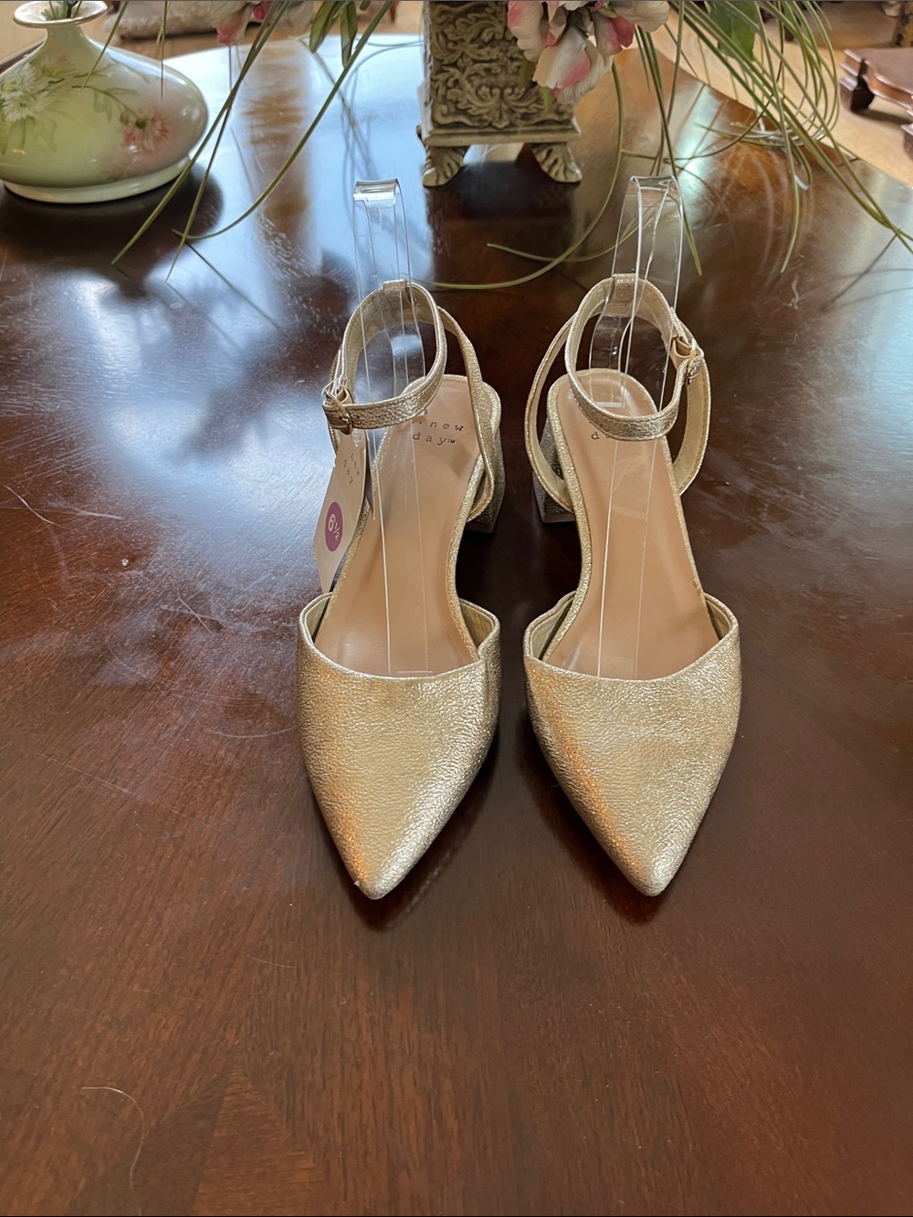a new day Metallic Pointed-Toe Ankle-Strap Heels in Gold